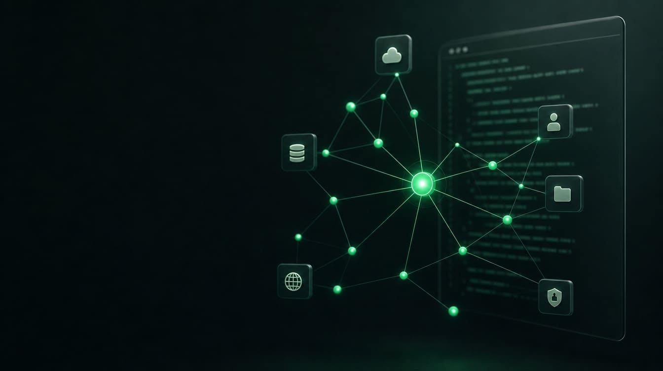 An abstract emerald network of API endpoints around a code terminal