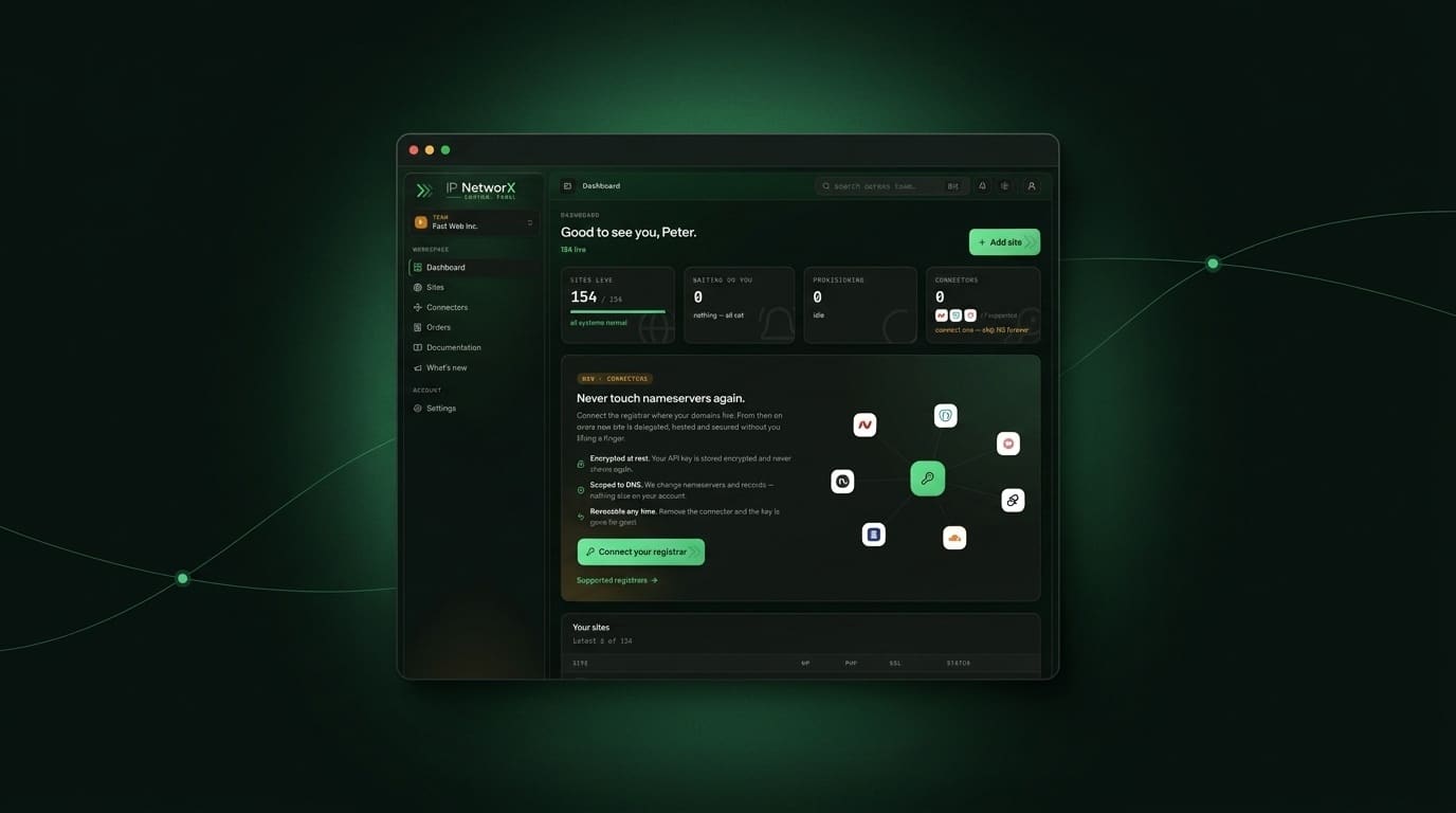 The new IP NetworX control panel dashboard, shown in a browser window