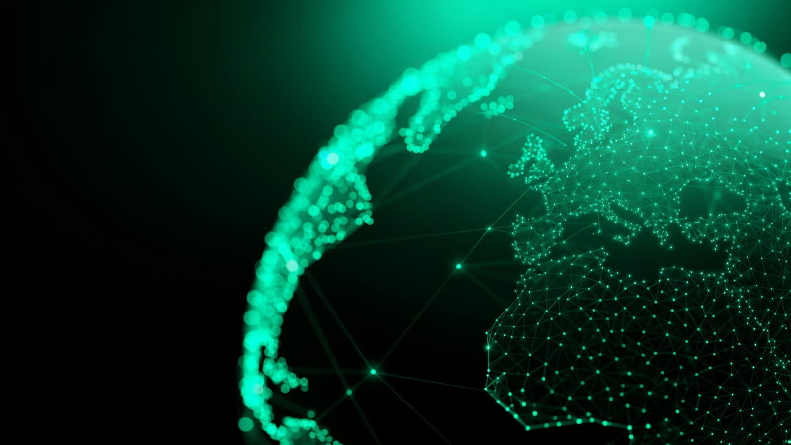 A globe drawn as a glowing emerald network of nodes spread across every continent